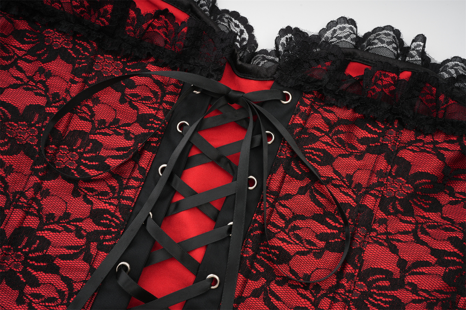 Womens Gothic Lace-Up Overbust Corset with Floral Jacquard and Lace Trim